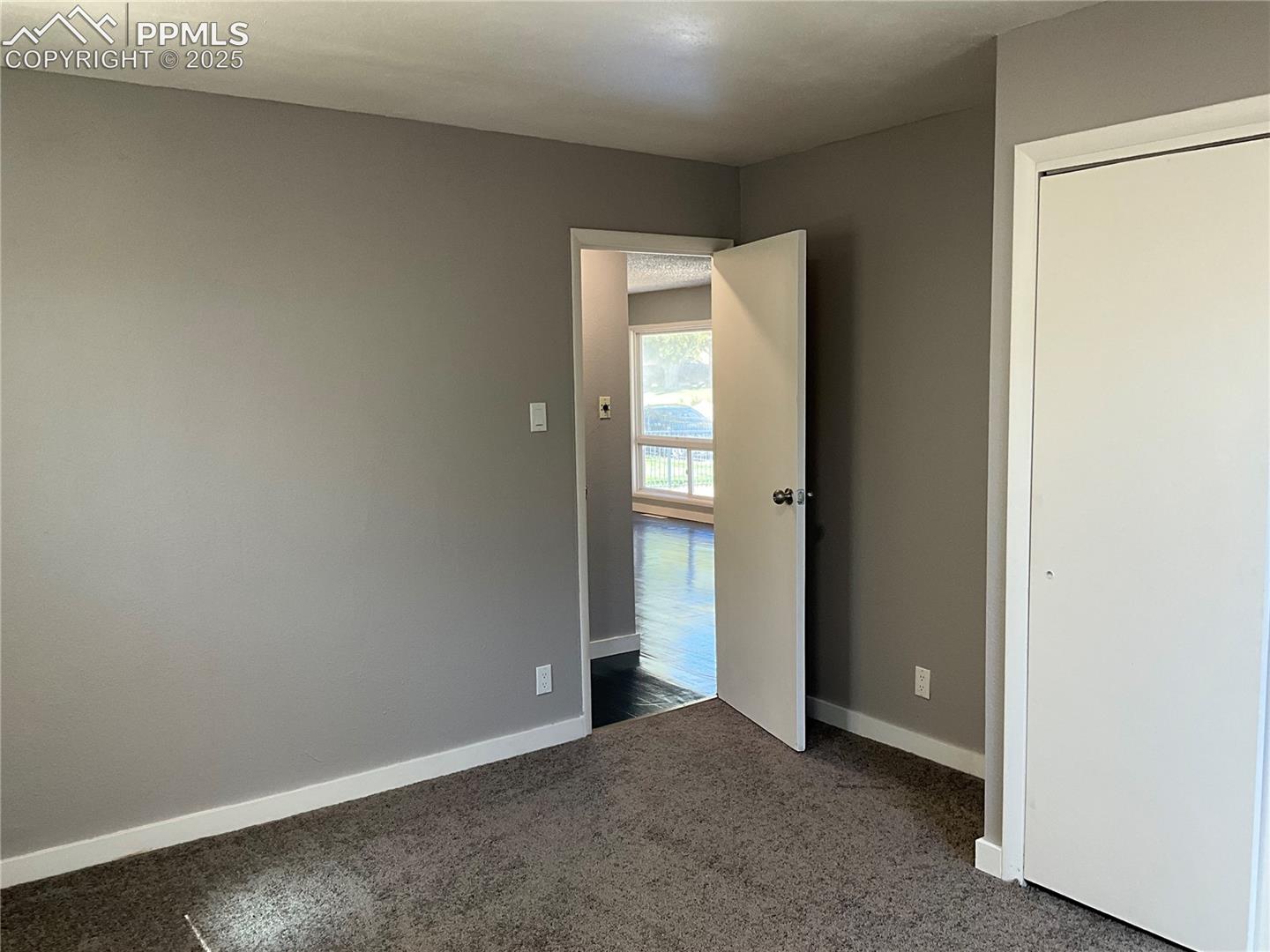 Unfurnished bedroom featuring new carpet and a closet