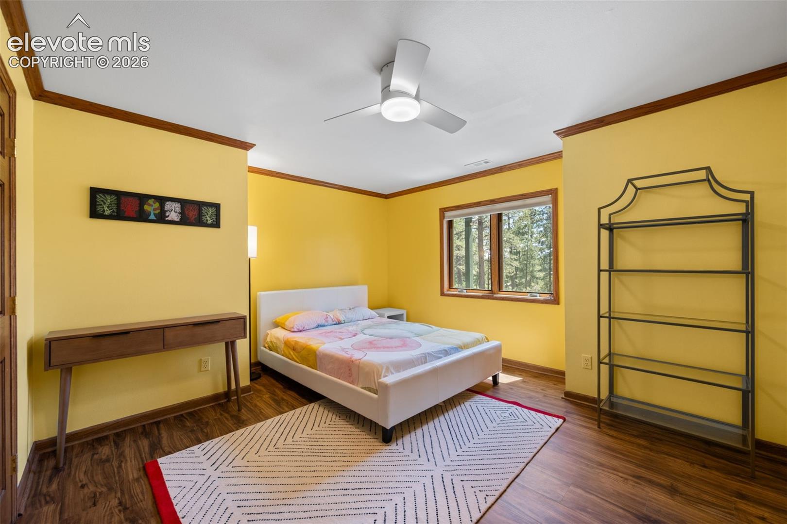 Bright interior with wood-finish flooring, a ceiling fan, and a window framing mature trees