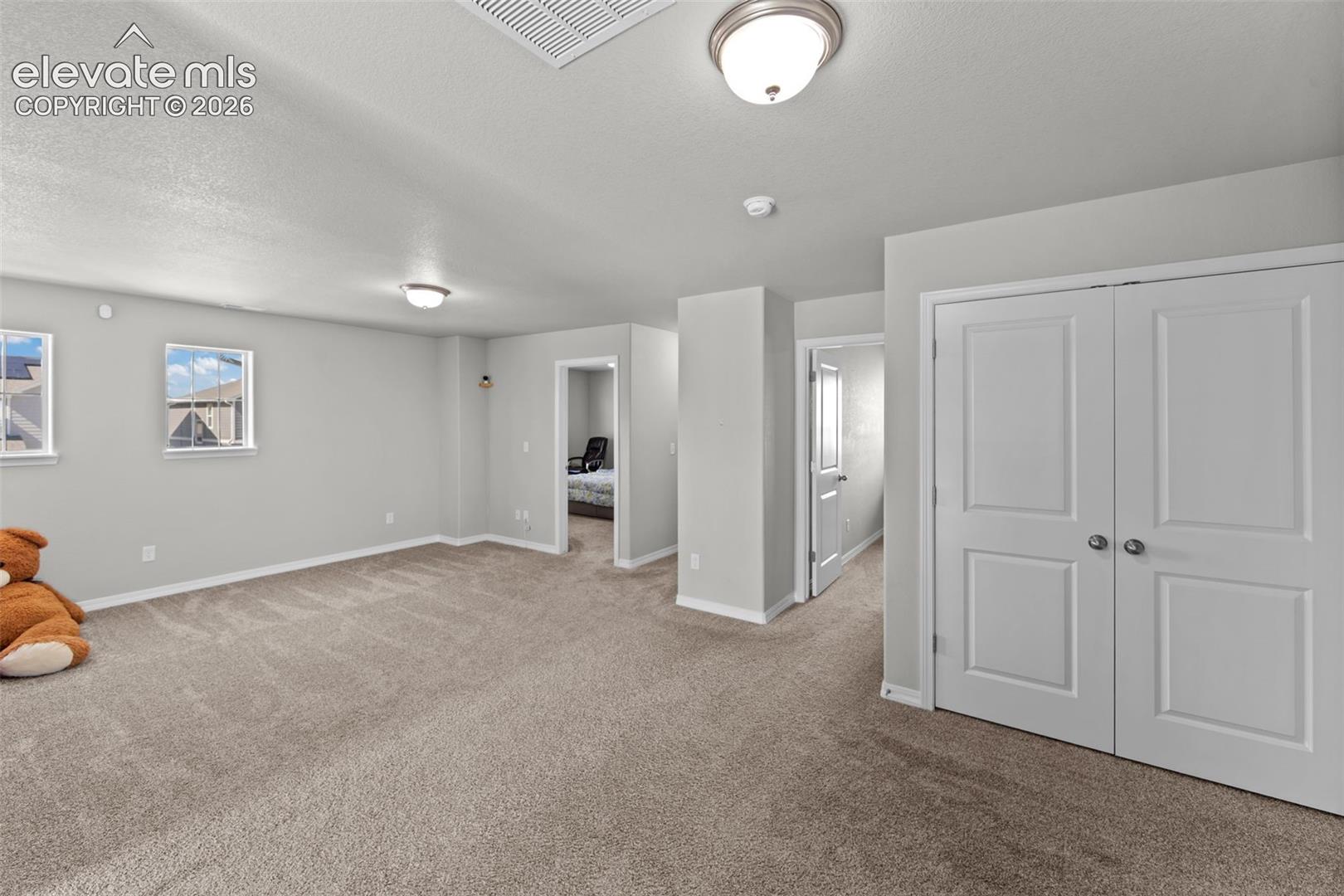 Expansive carpeted area with multiple windows, recessed lighting, and a double-door closet