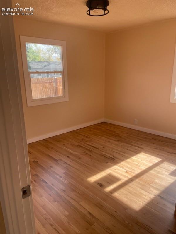 Interior featuring wood flooring, textured walls, double-hung windows with white trim, and a new flush-mount ceiling light fixture.