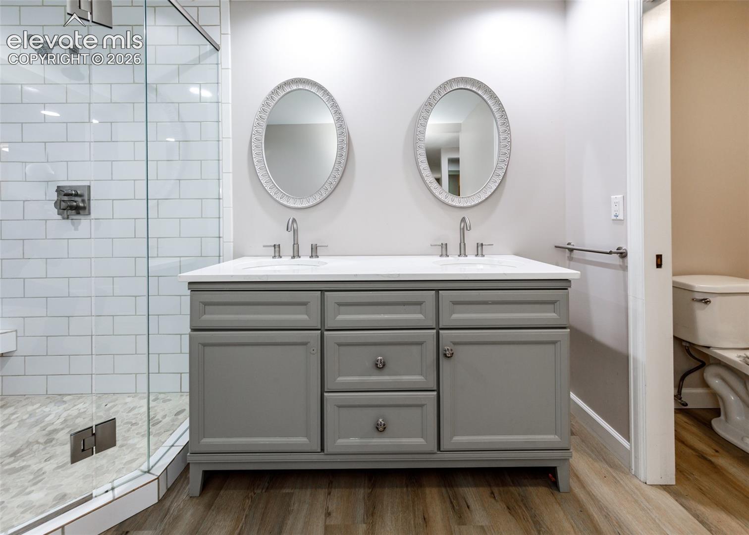 Dual vanity with a white countertop and gray cabinetry, surrounded by wood-finish flooring
