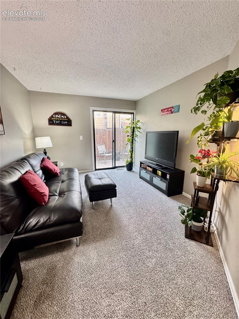 Neutral wall color, wall-to-wall carpeting, and sliding glass door with access to an exterior patio area