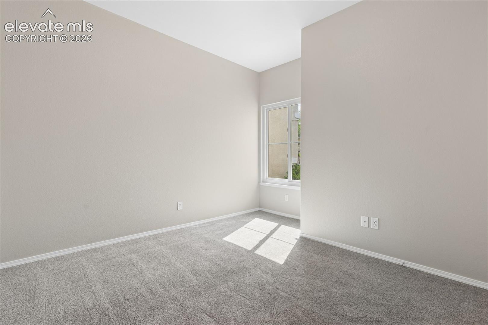 Neutral tone walls, grey carpet flooring, and a single window with white trim