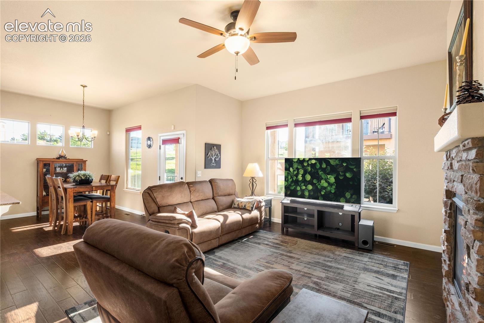 9 ft ceilings, gas fireplace and plenty of light