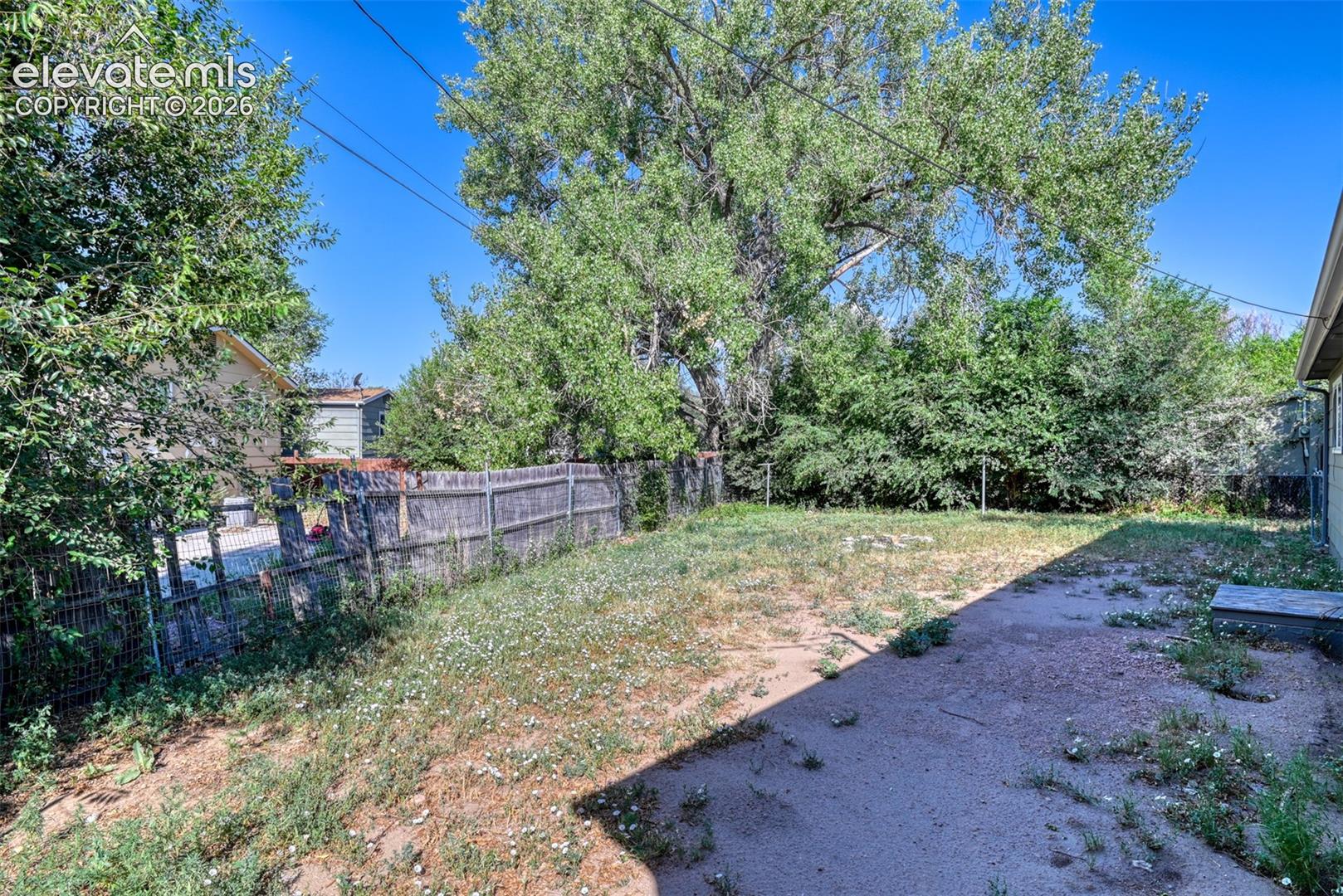 Expansive backyard area featuring a wooden privacy fence, mature trees, and a concrete patio