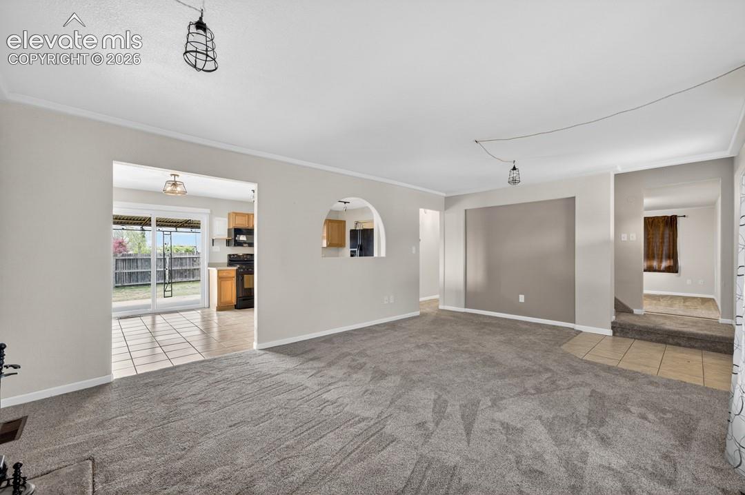 Expansive carpeted living area with light-toned walls and an accent wall