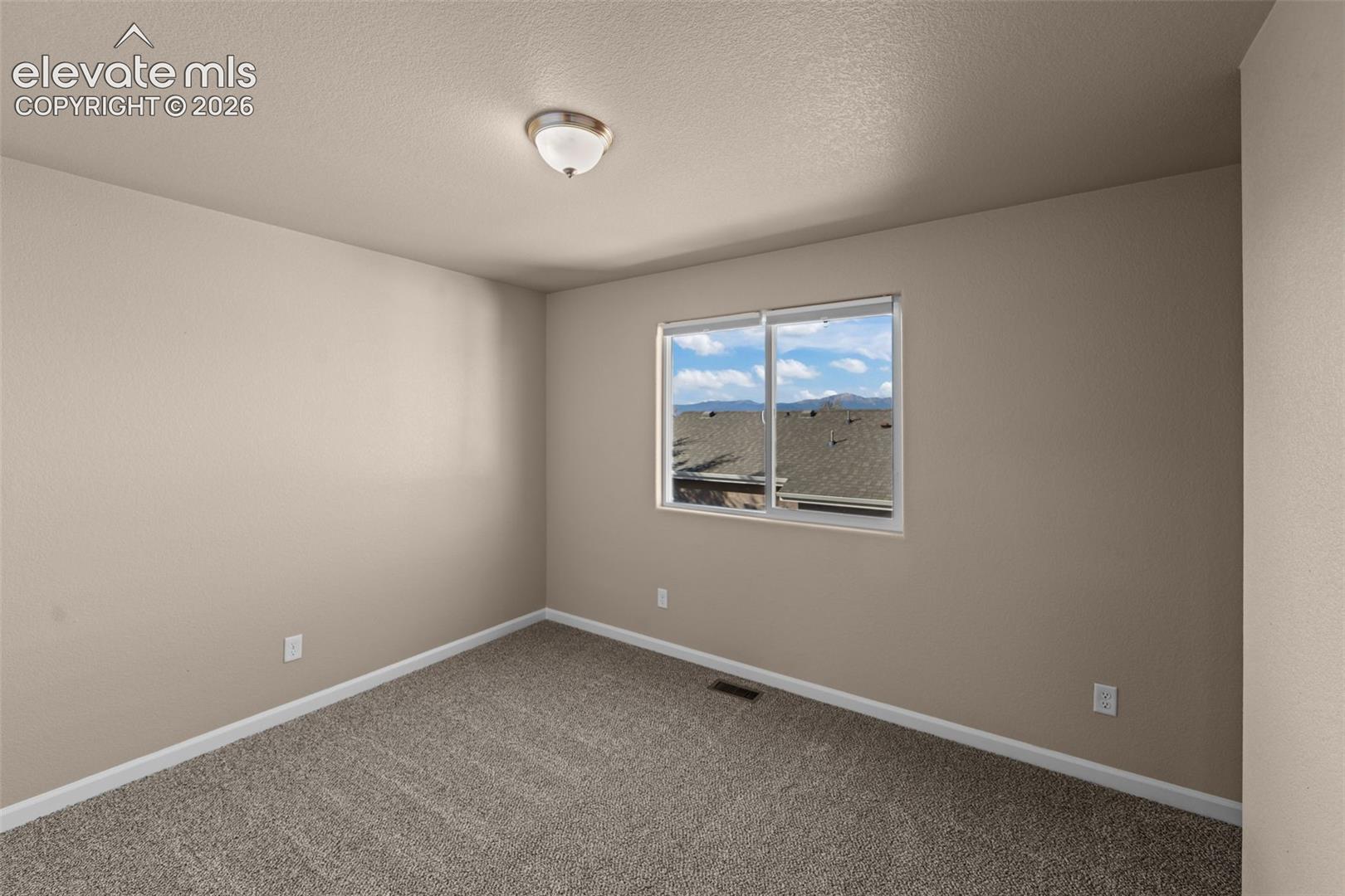 Neutral-toned room featuring wall-to-wall carpeting, a flush-mount ceiling light fixture, and a sliding window with mountain scenery