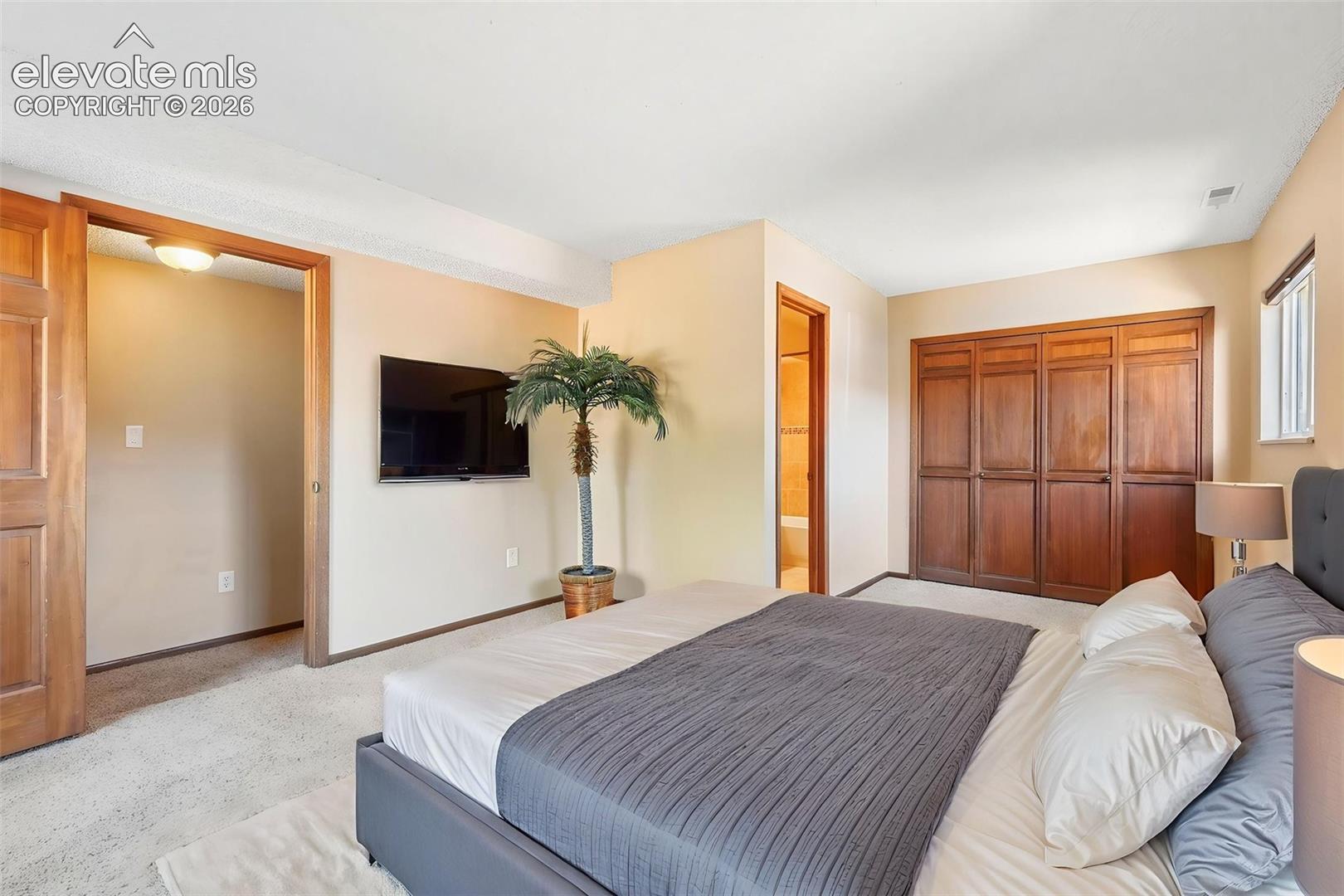 Bedroom featuring expansive built-in wood-finish cabinetry, neutral wall tones, carpeted flooring, and natural light from a side window