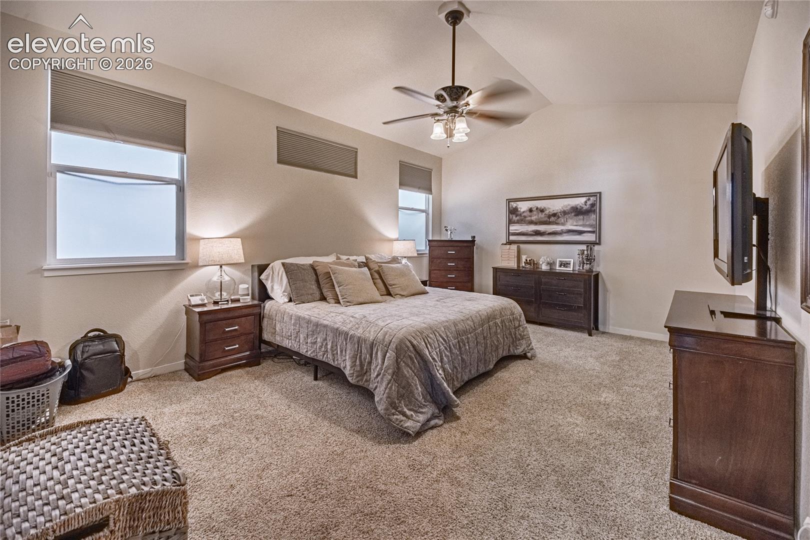 Vaulted ceiling with a central multi-blade ceiling fan, neutral wall-to-wall carpeting, and multiple windows featuring integrated shades