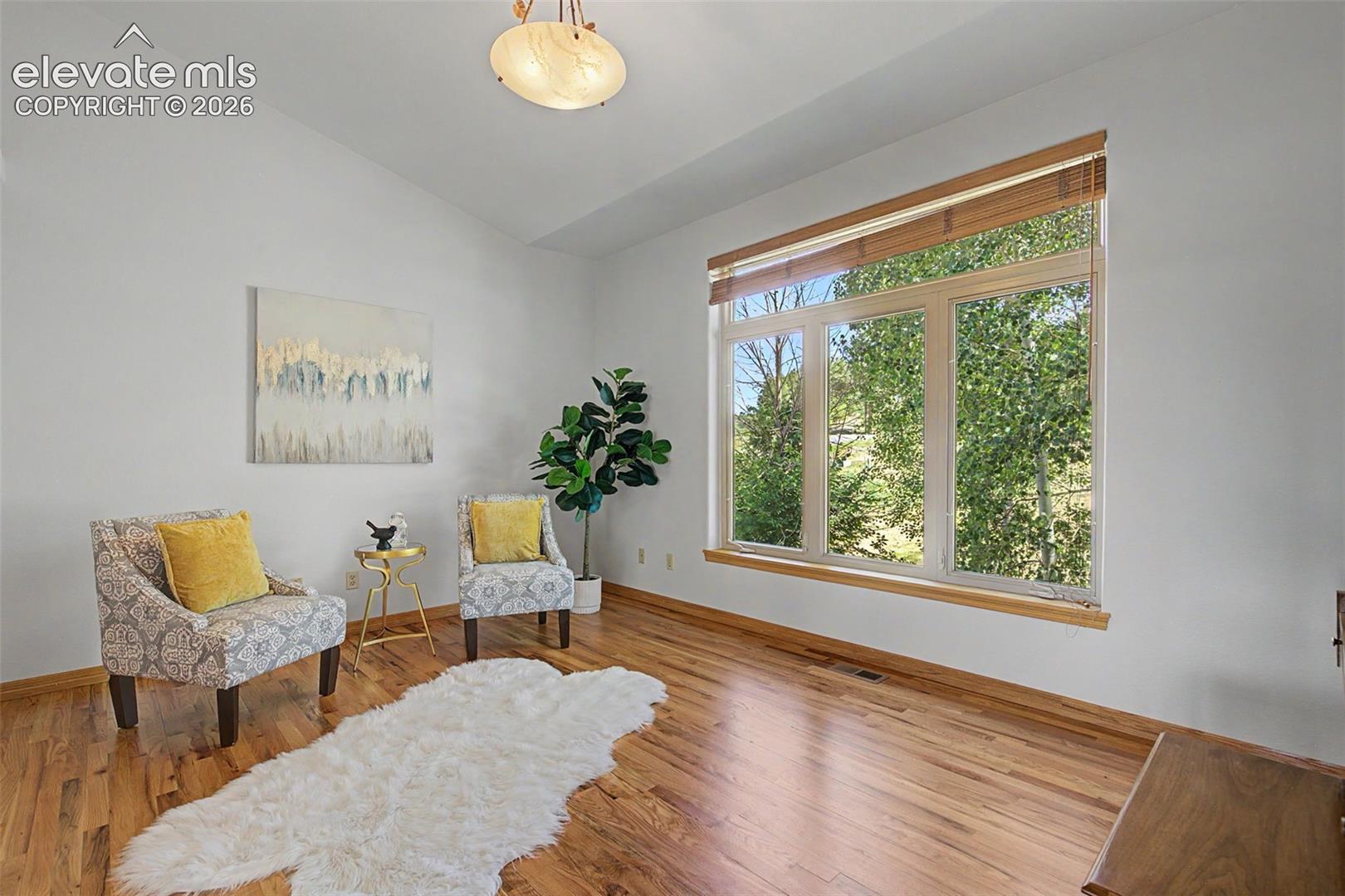 Spacious room featuring vaulted ceilings, wood-finish flooring, and a large window with natural light