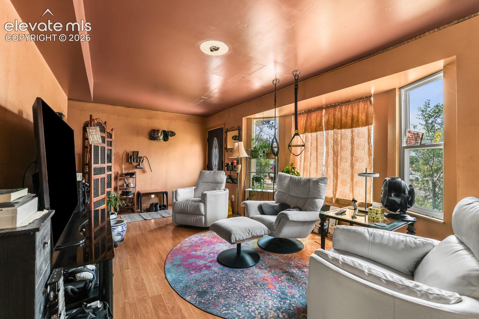 Spacious interior featuring wood-finish flooring, a vibrant area rug, and dual windows