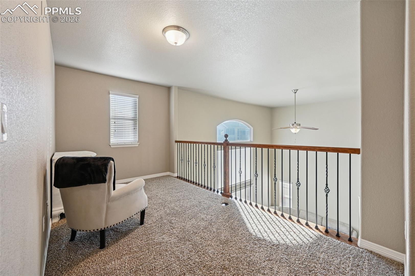 Sitting room featuring carpet flooring and a textured ceiling