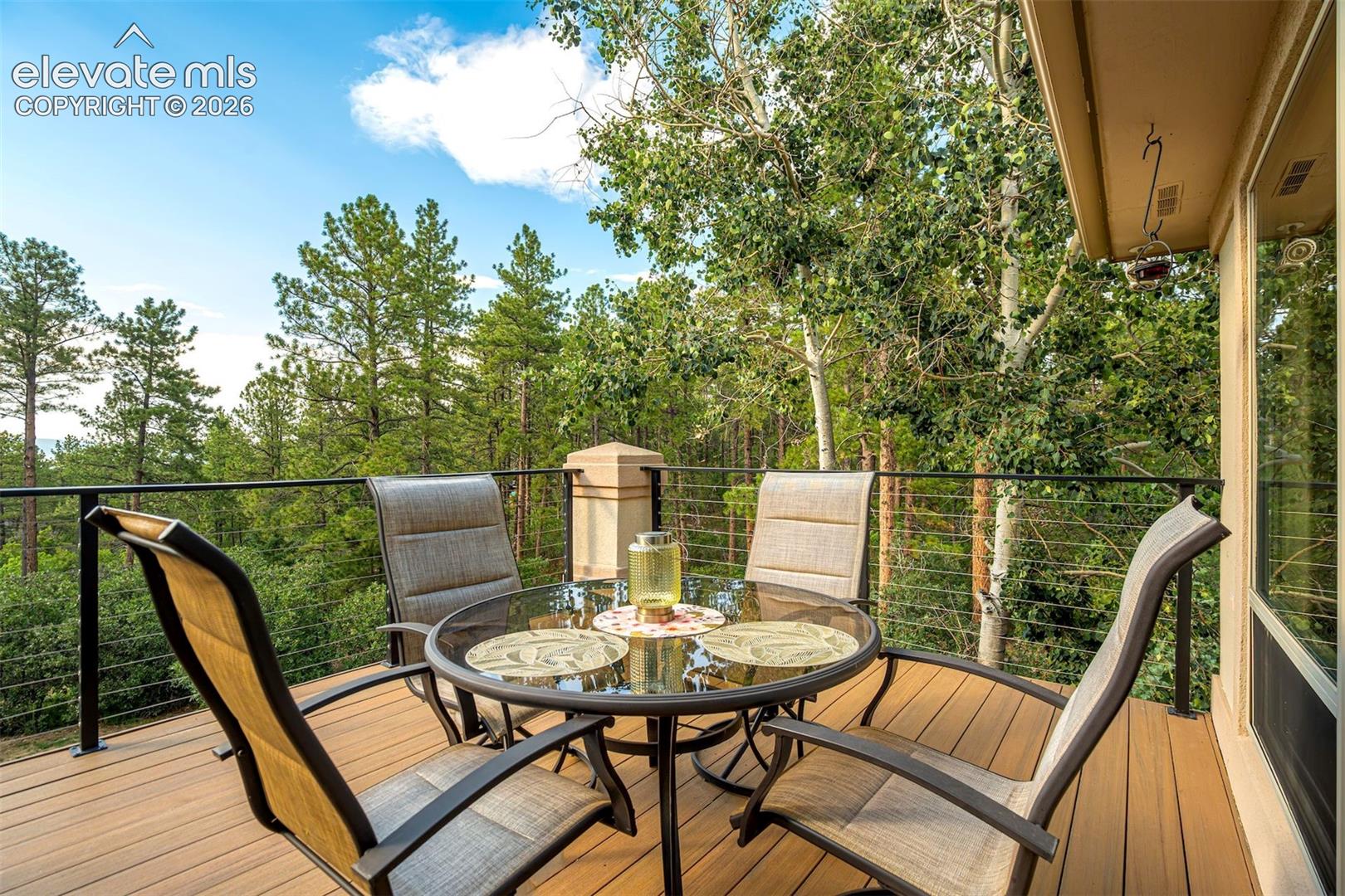 Expansive outdoor deck featuring wood-finish flooring, black metal railings, and a natural tree backdrop