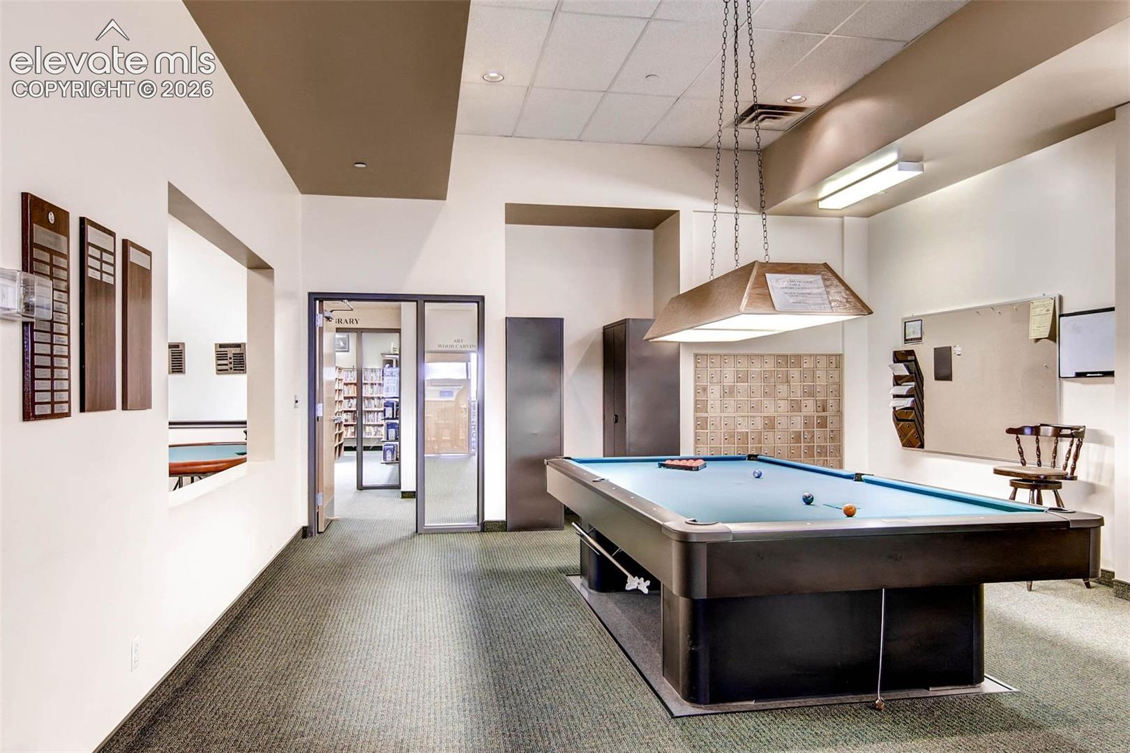 Recreational room featuring a billiards table with an overhead light fixture, textured wall accent, and carpeted flooring