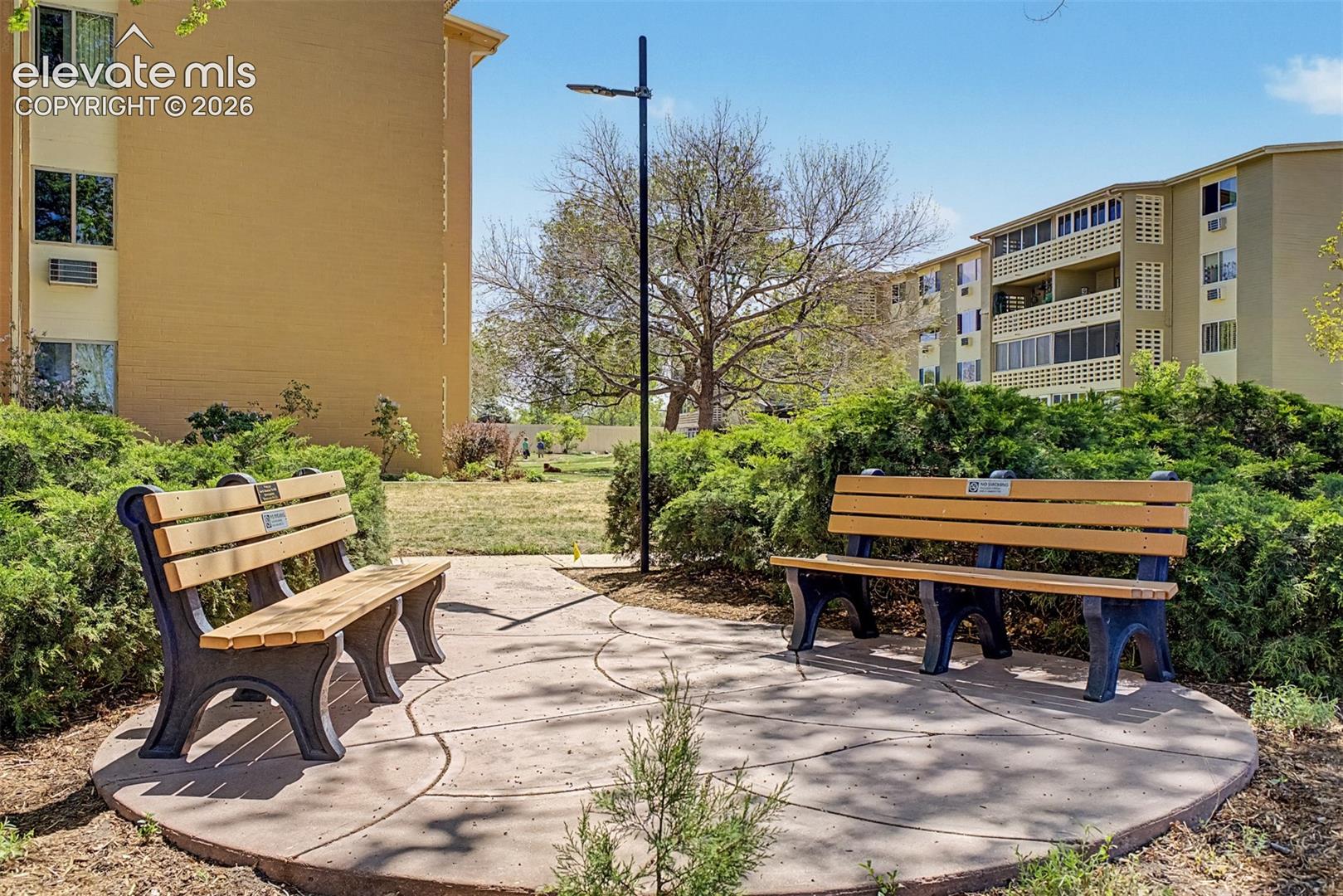 Outdoor seating area featuring two benches with wood-finish slats and dark metal frames
