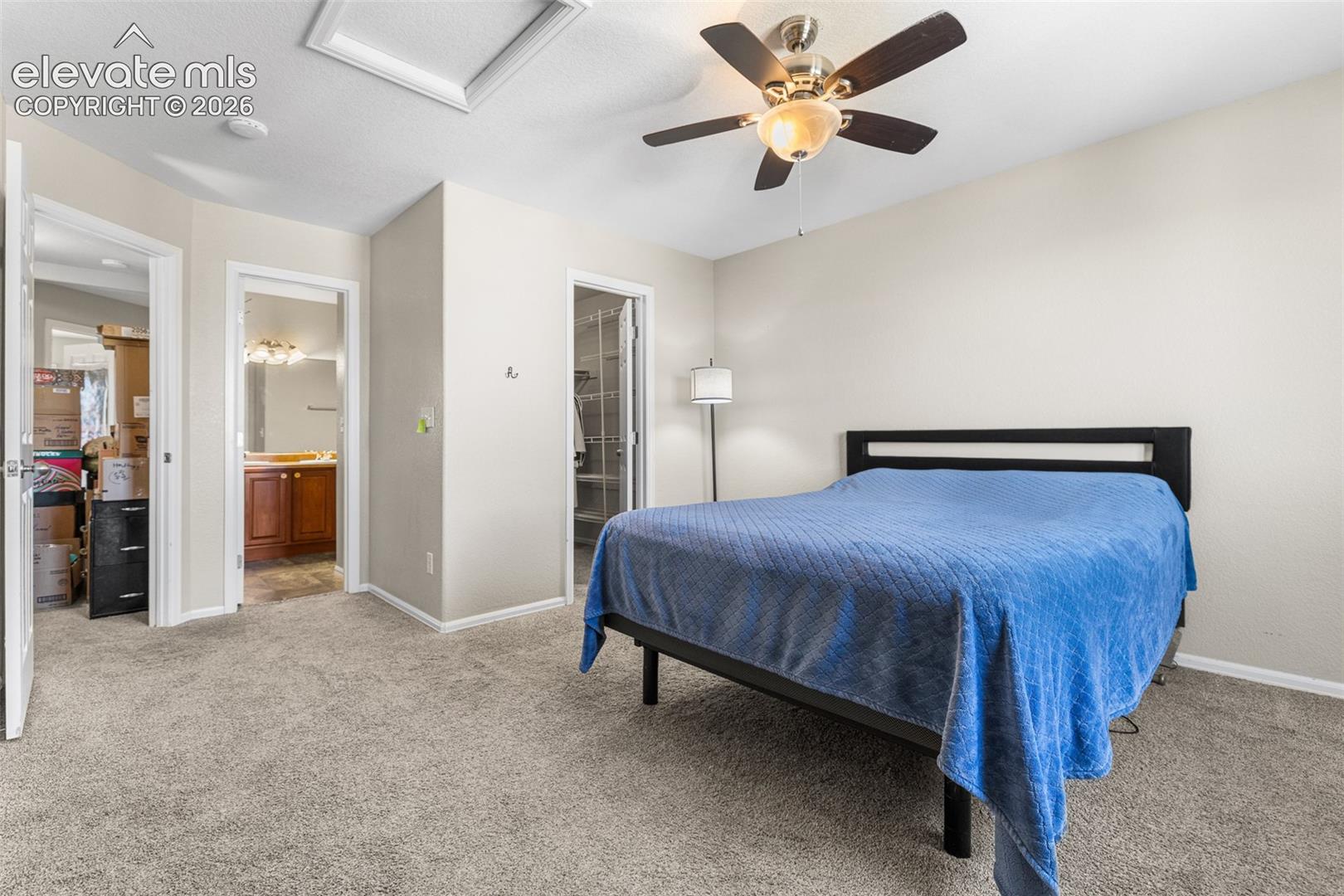 Neutral-toned interior featuring wall-to-wall carpeting, a ceiling fan with integrated lighting, and a closet with built-in shelving