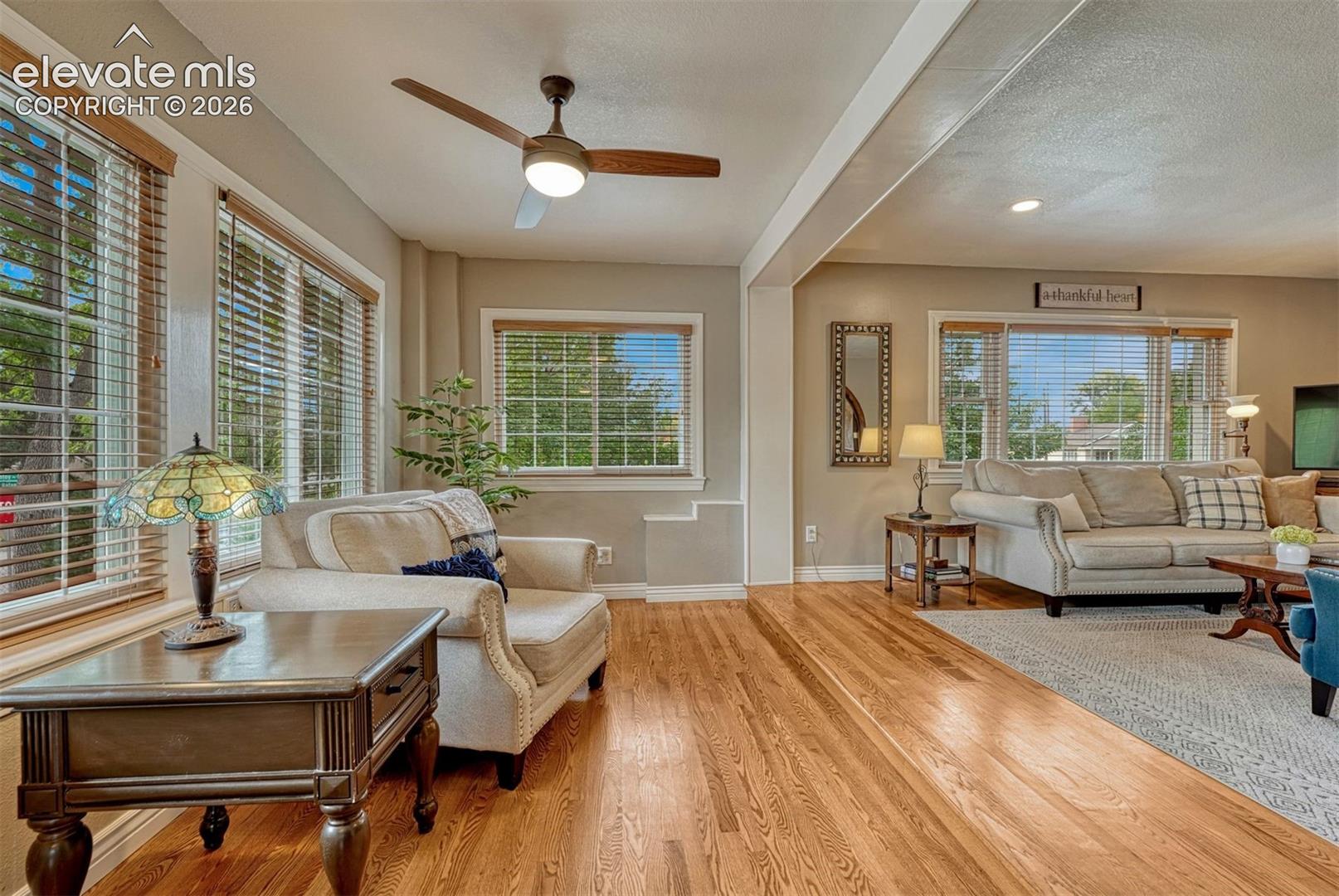 Sun-filled living room featuring expansive windows.
