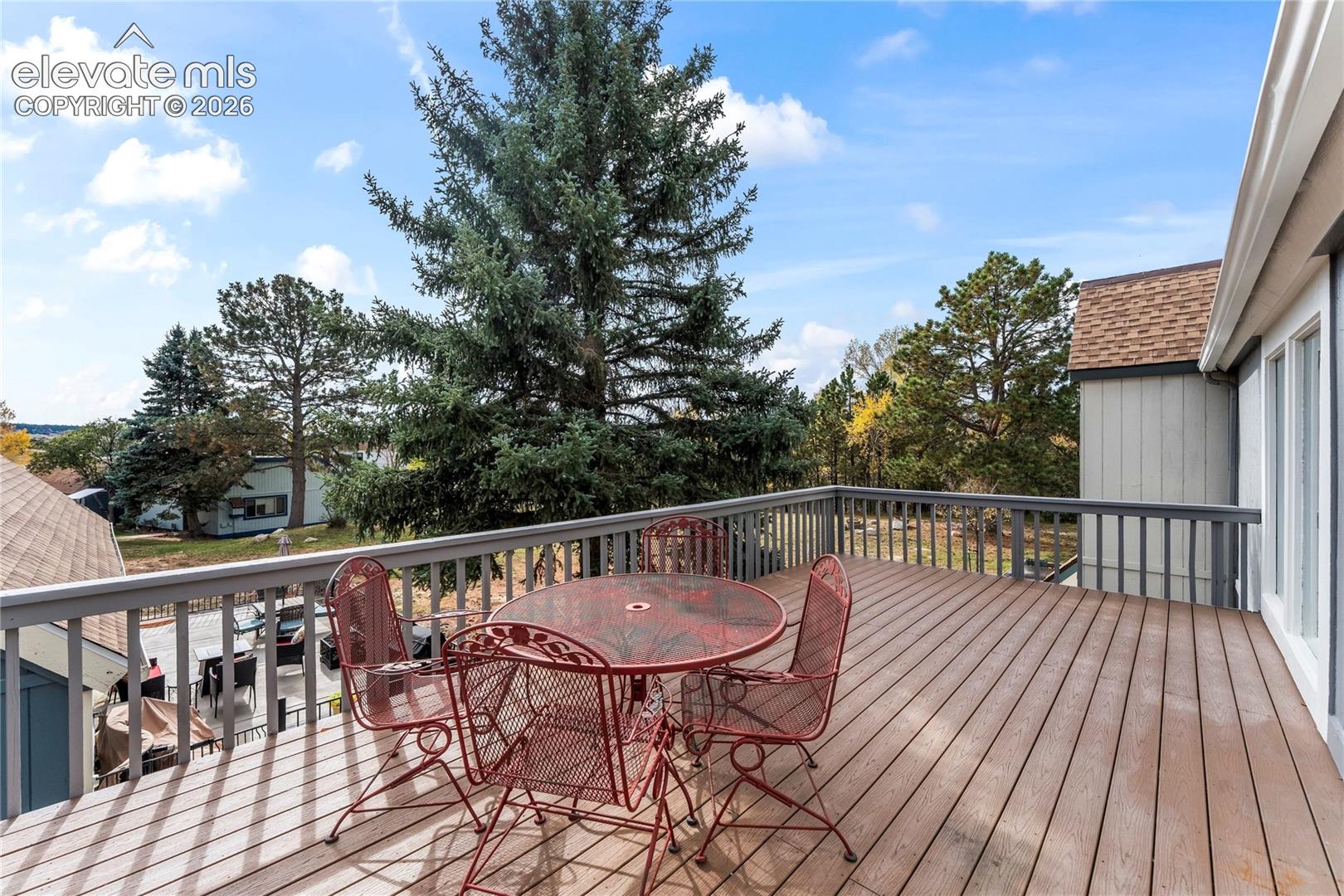 Elevated wood-finish deck with painted railings and mature evergreen trees