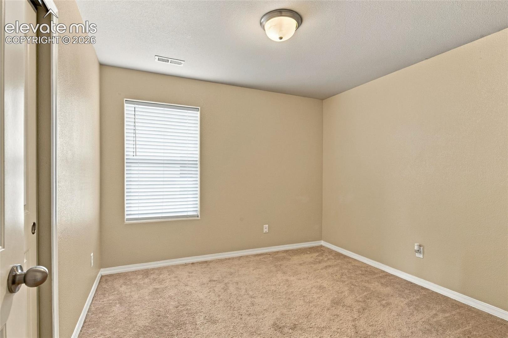 Neutral-toned interior featuring wall-to-wall carpeting, a single-window configuration with horizontal blinds, a flush-mount ceiling light fixture, and a standard interior swinging door