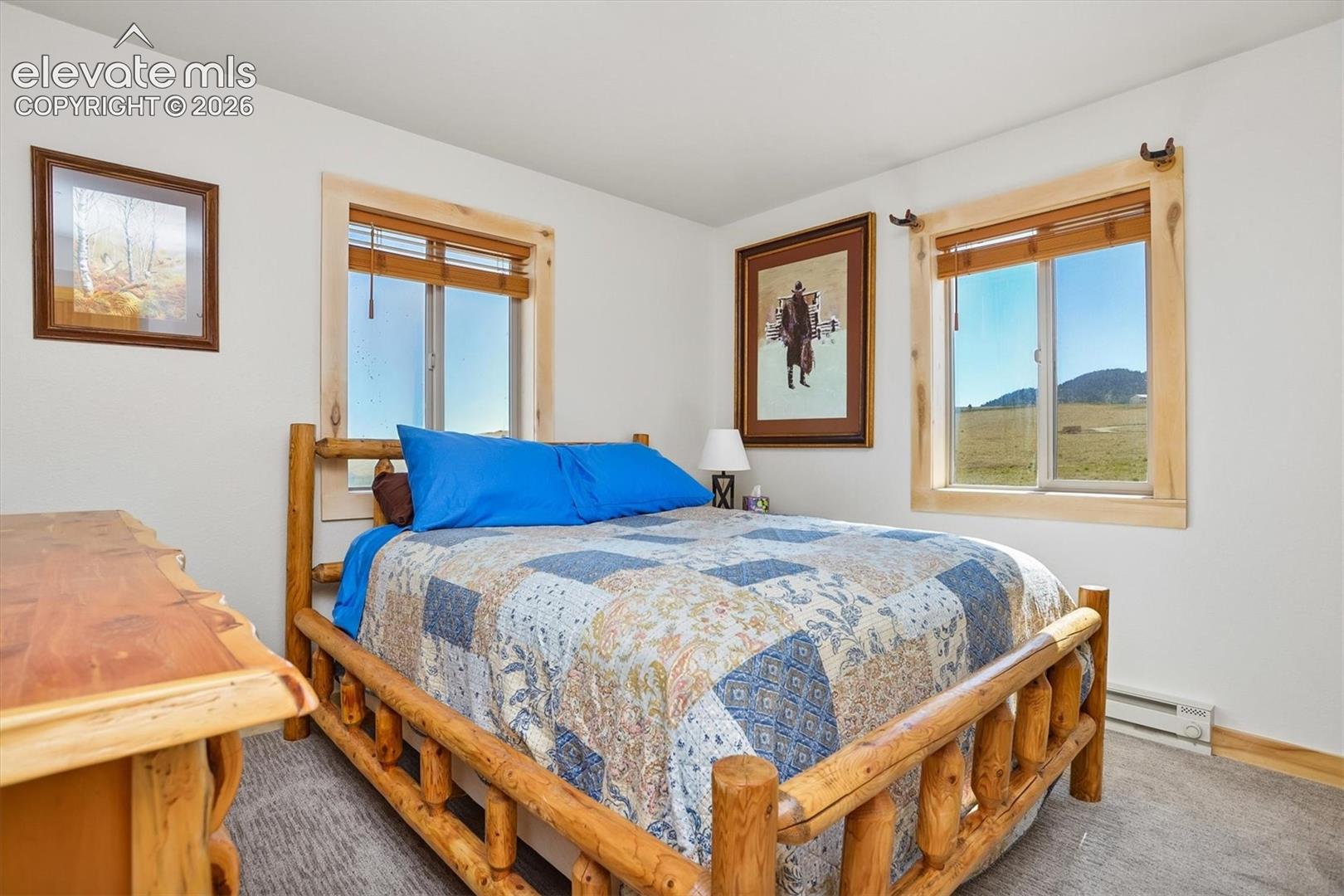 Bedroom featuring rustic wood-finish window trim, a large window, and light-colored wall-to-wall carpeting