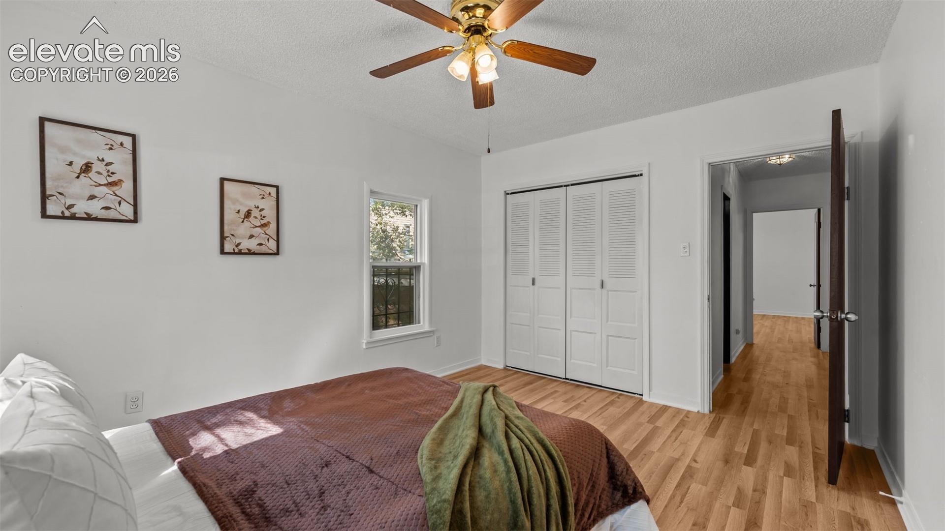 Light wood-finish flooring, ceiling fan, bi-fold closet doors, and recessed window