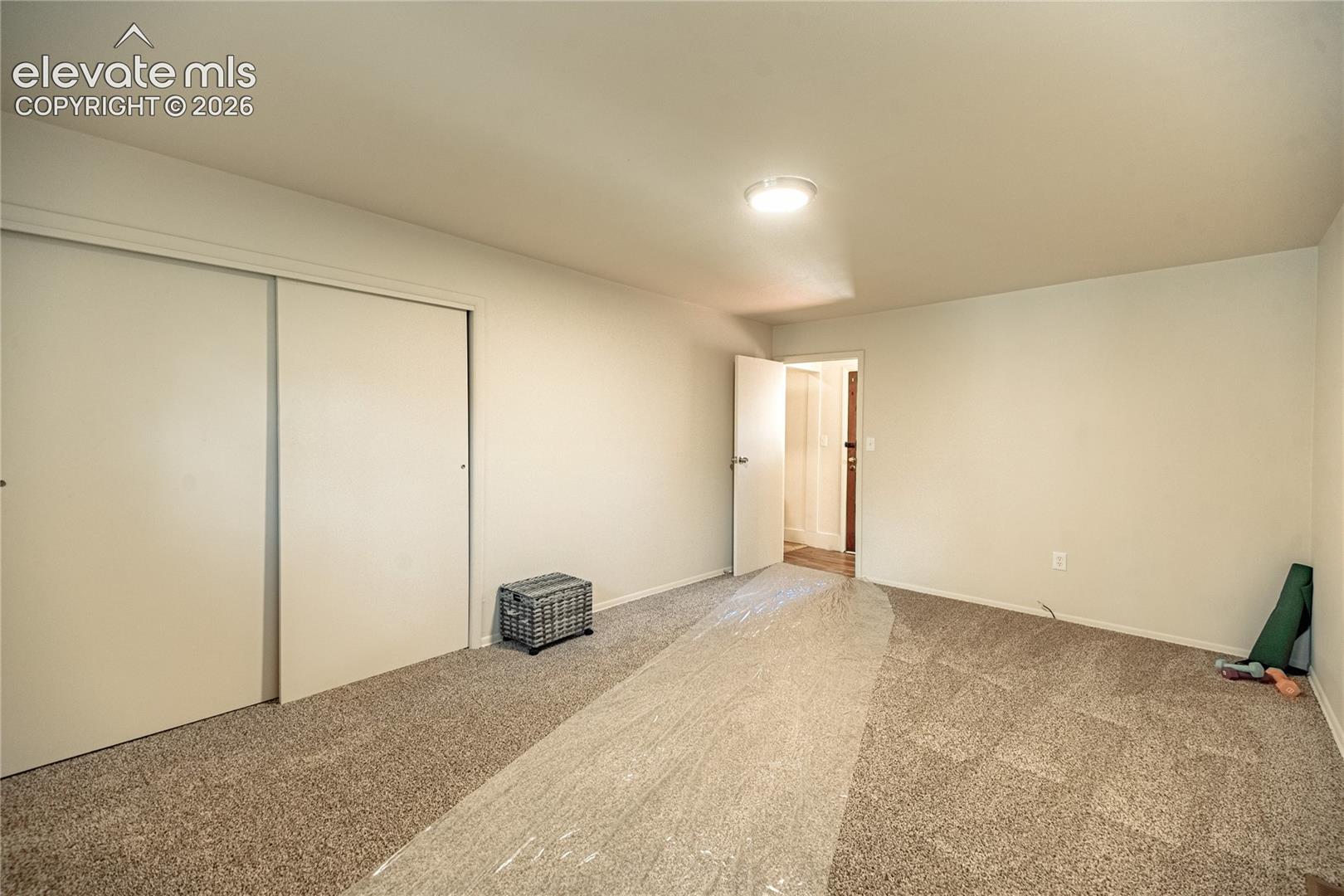 Carpeted flooring, white interior walls, white sliding closet doors, and an overhead flush-mount light fixture