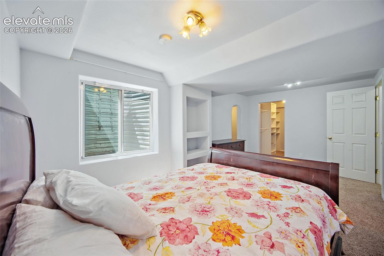 Bedroom featuring a window, built-in shelving, a walk-in closet with shelving, a paneled door, and carpet flooring