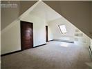 Vaulted ceiling featuring a skylight, textured wall-to-wall carpeting, and wood-finish interior doors
