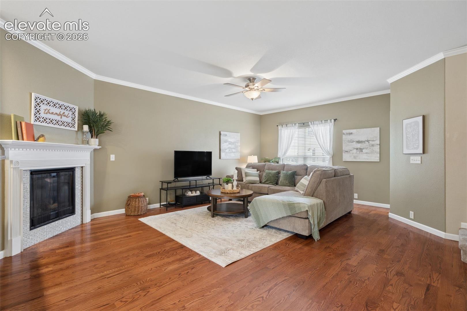 Spacious living room with gas fireplace