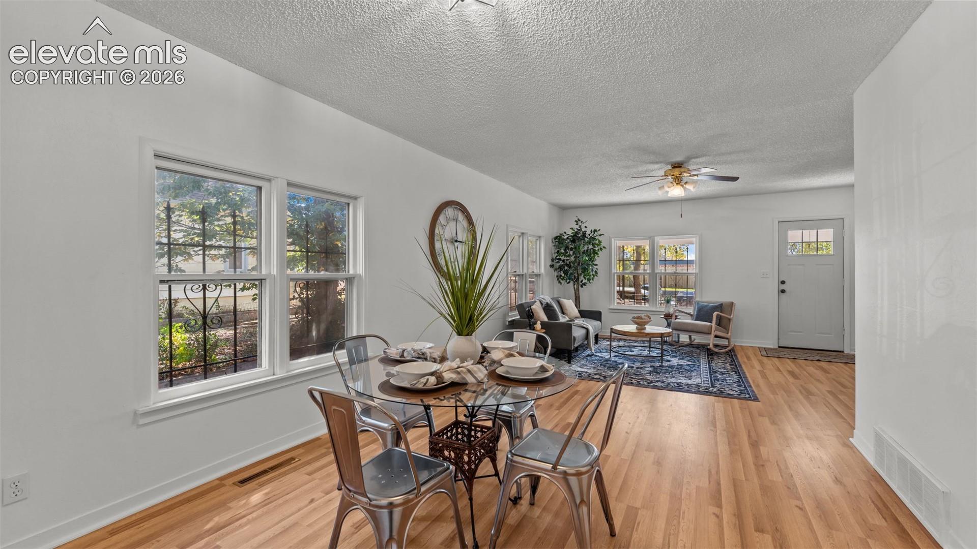 Bright open-concept dining and living area featuring hardwood flooring throughout, large multi-pane windows with natural light, ceiling fan with integrated lighting, and potted plant accents