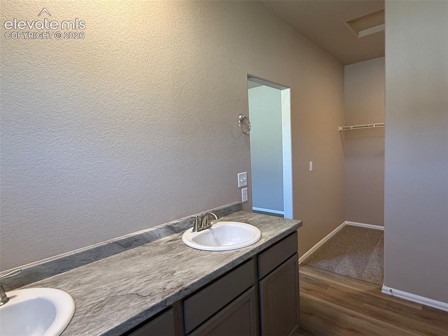 Double vanity with light gray cabinetry and light-toned countertop