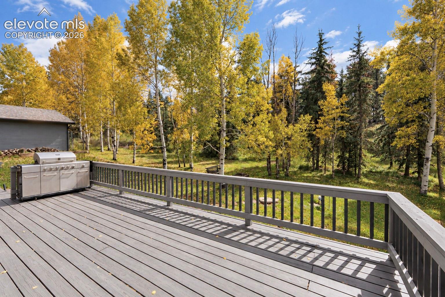 Expansive outdoor deck featuring wood-finish composite flooring and a wood railing