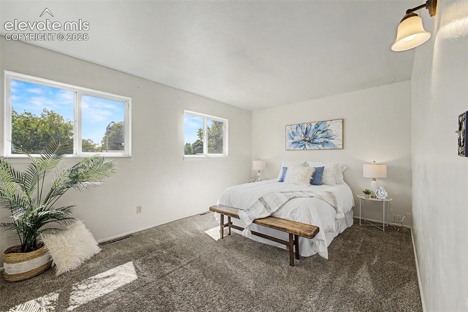 Plush gray carpeting and more natural light fill the oversized primary bedroom 