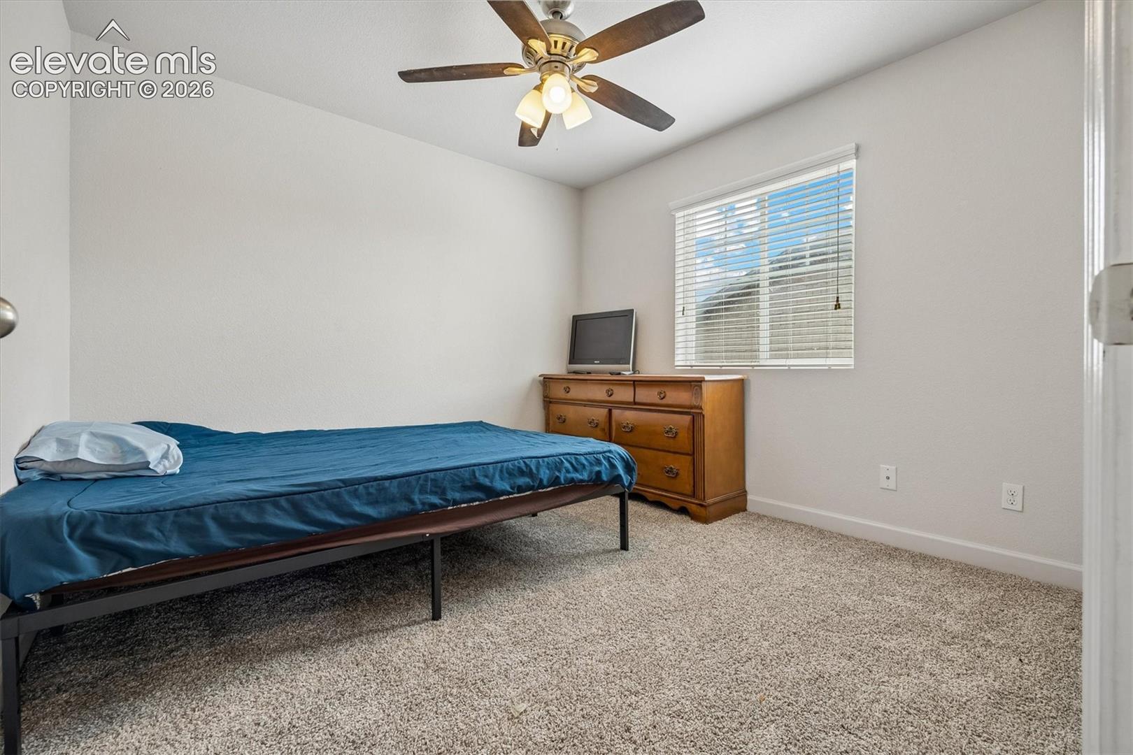 Carpeted interior space featuring a ceiling fan with integrated lighting, a single window with blinds, and white painted walls