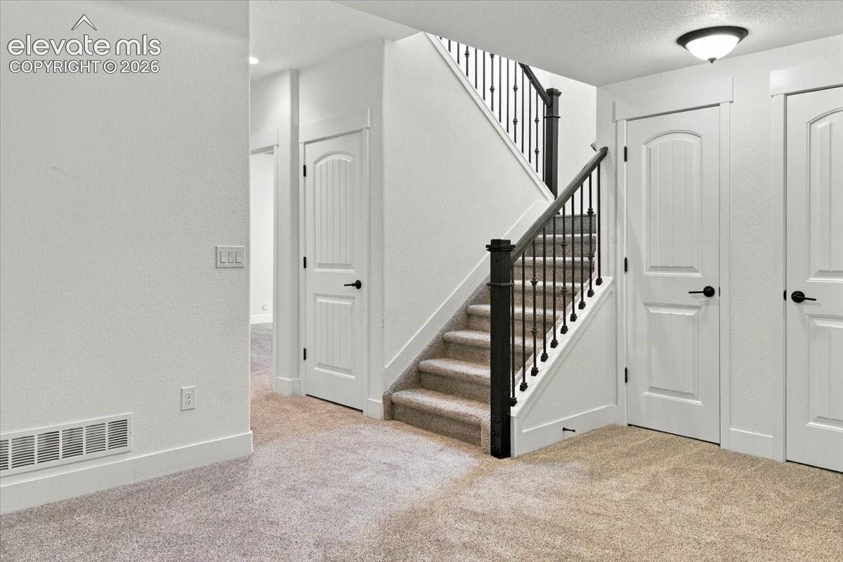Staircase featuring a dark-finish wooden handrail, vertical metal balusters, and neutral-tone carpeting, complemented by white interior doors with black hardware