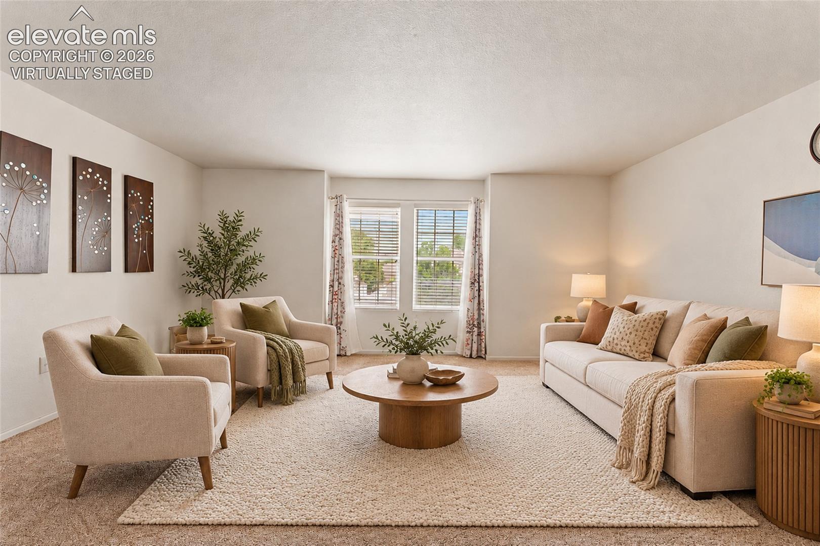 Virtually Staged Neutral-toned living space featuring wall-to-wall carpeting and dual-pane windows