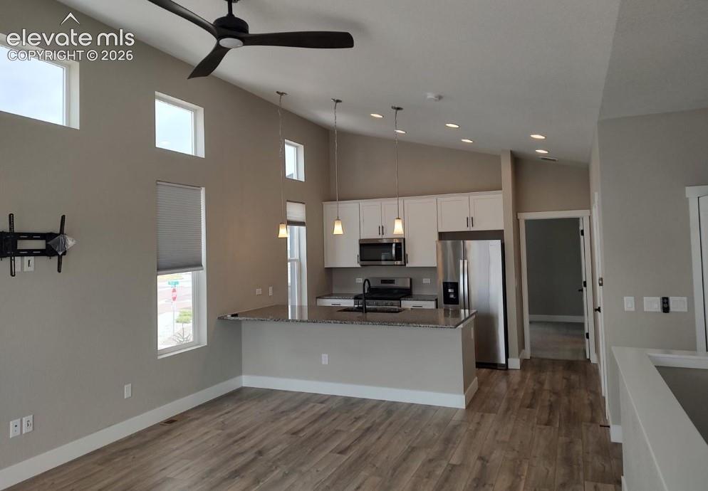 Vaulted ceilings with a matte black ceiling fan, wood-finish flooring, white shaker-style cabinetry, a stone-surfaced breakfast bar, and stainless steel appliances