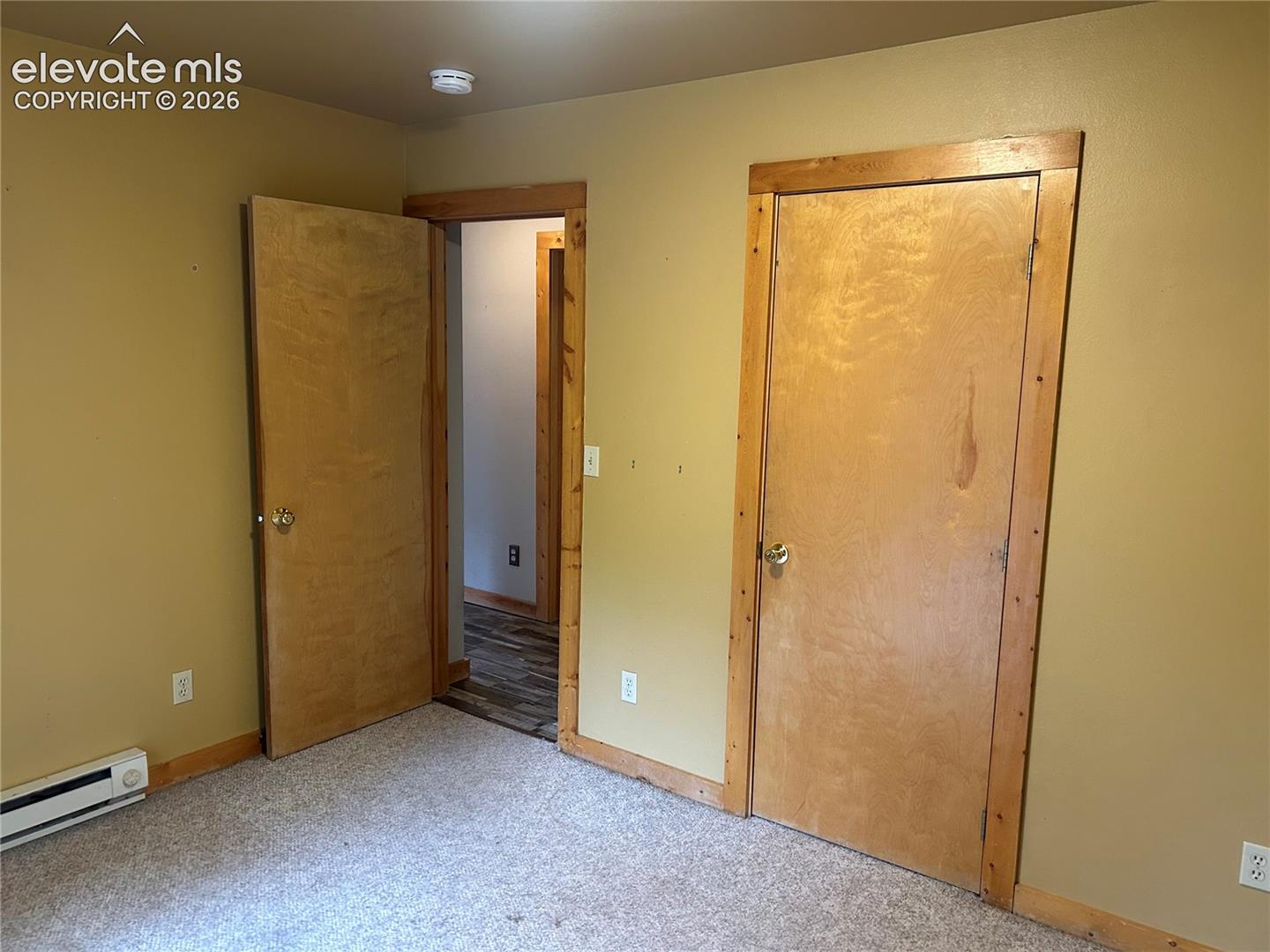 Interior room featuring solid wood interior doors, wood-trimmed door casings, neutral-toned wall paint, and wall-to-wall carpeting