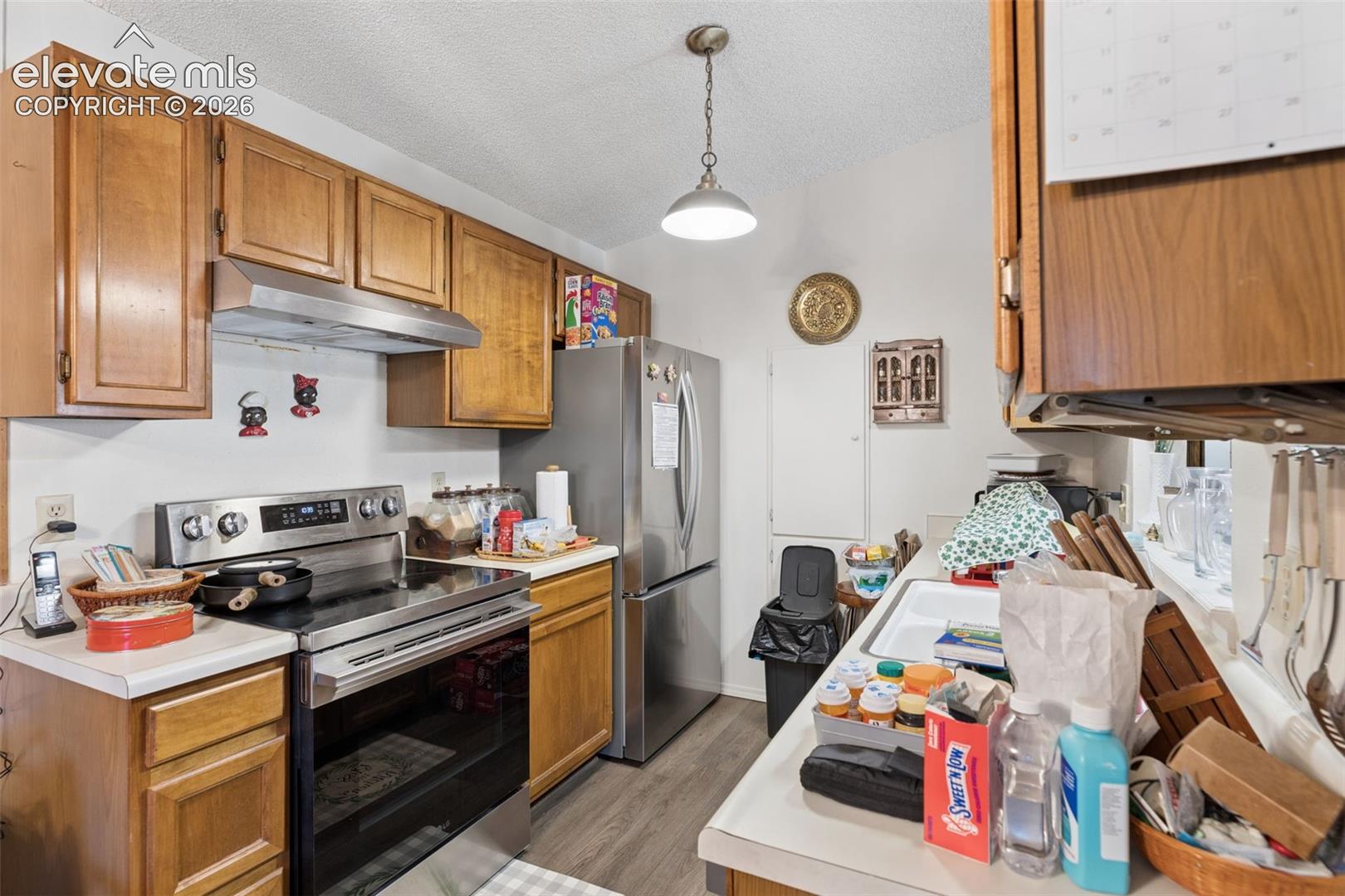 Kitchen featuring wood cabinetry, stainless steel appliances, a range hood, and a pendant light fixture