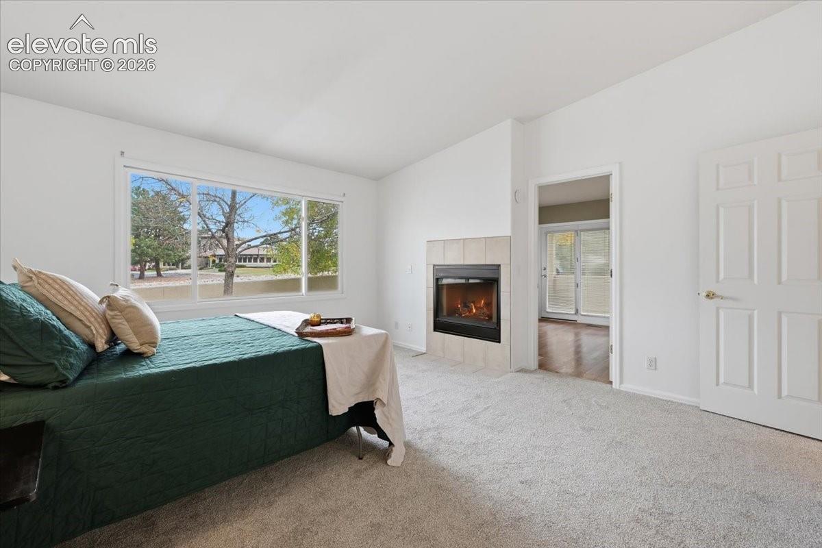 Large horizontal window, fireplace with ceramic tile surround, neutral carpeting, and multi-panel interior door
