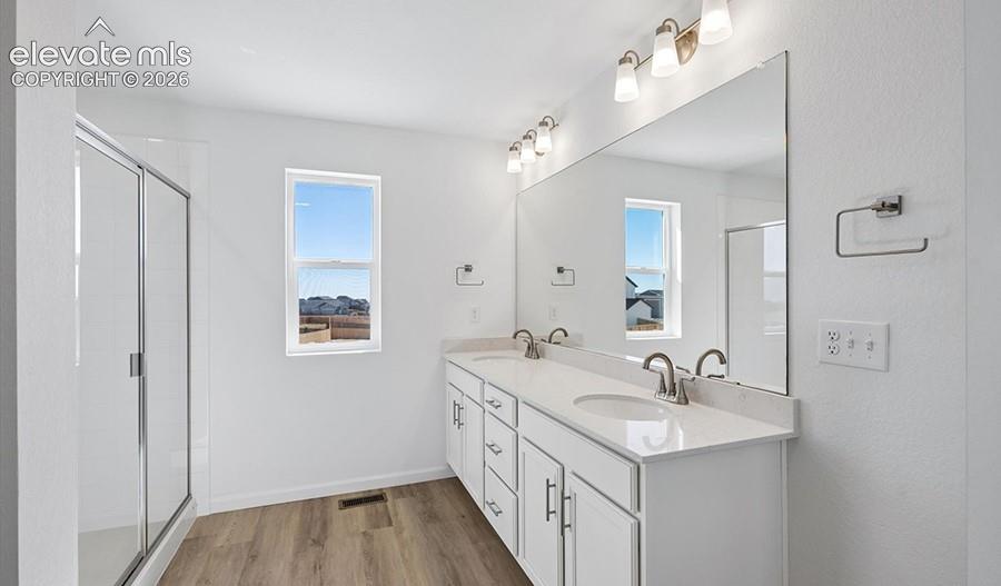 Double vanity with stone-surface countertop, full-width mirror, walk-in glass-enclosed shower, and wood-finish flooring