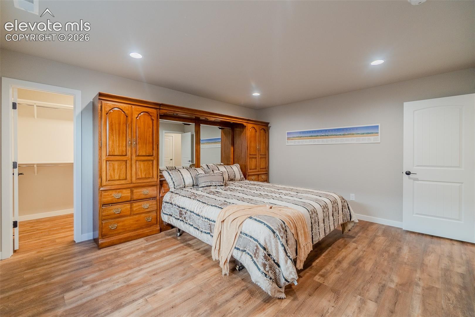 Spacious room featuring wood-finish flooring, recessed lighting, a built-in wall unit with integrated storage, and a walk-in closet with shelving