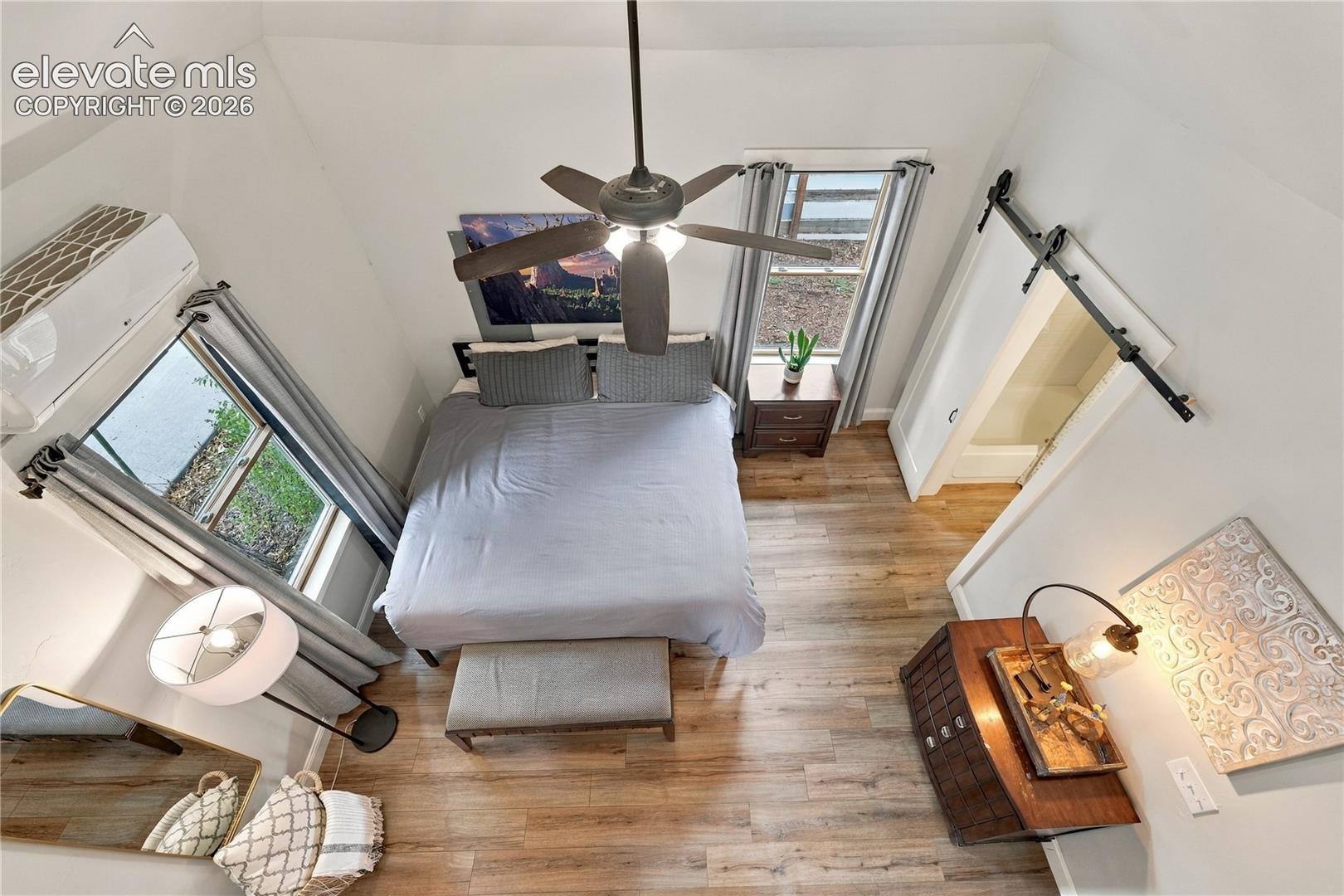 View from the loft into the bedroom. 