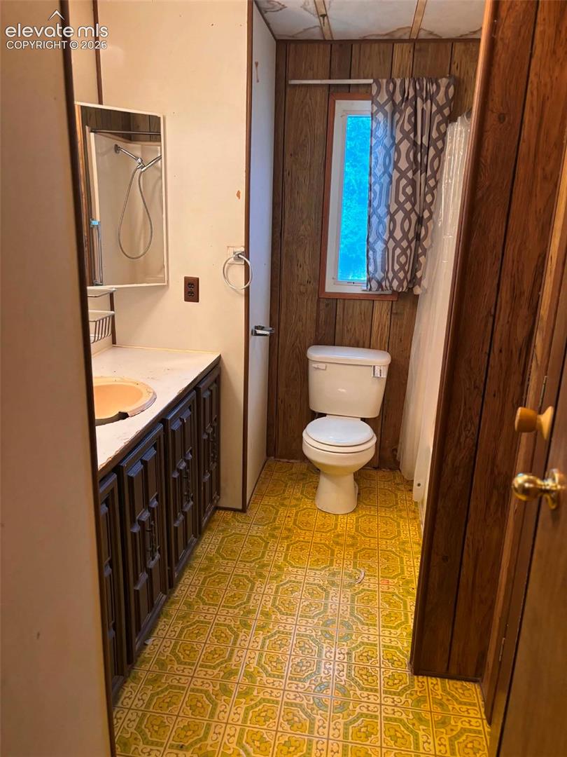 Bathroom featuring wood-paneled walls, patterned vinyl flooring, a vanity with a drop-in sink, and a wall-mounted medicine cabinet