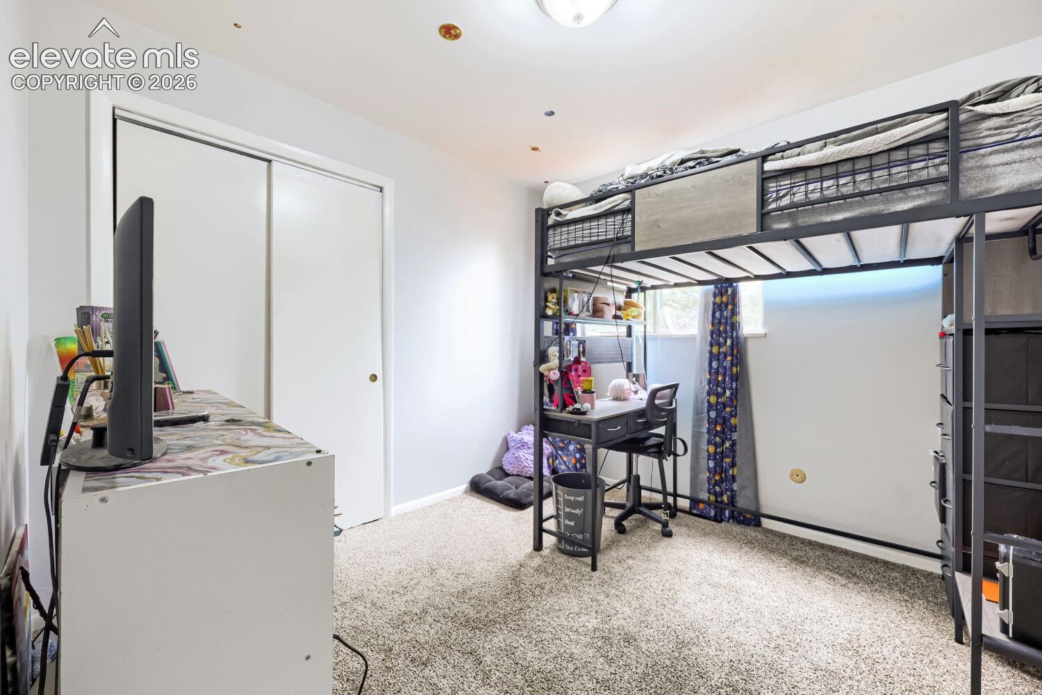 Carpeted flooring, white walls, and a single light fixture on the ceiling