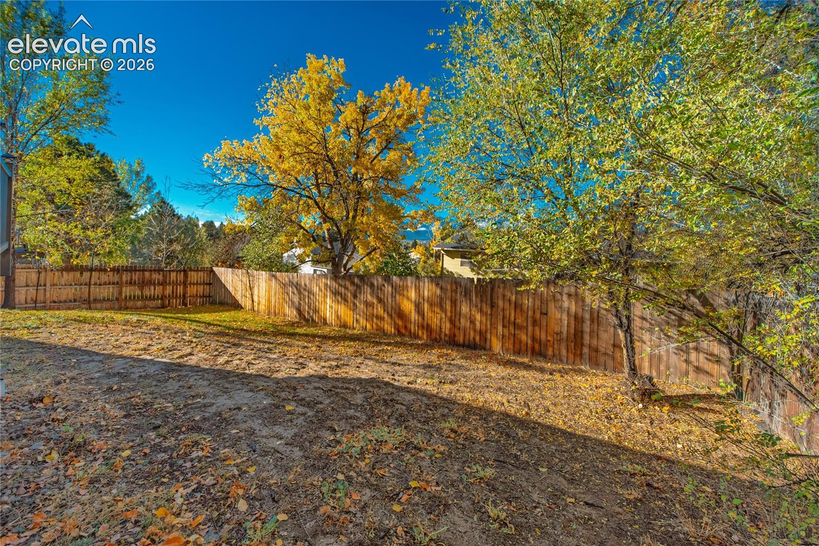 Fenced backyard featuring mature trees and established landscaping