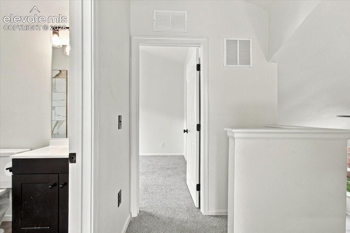 Vanity featuring dark cabinetry with a white countertop and wall-mounted light fixture, paired with carpeting throughout the interior spaces and paneled interior doors