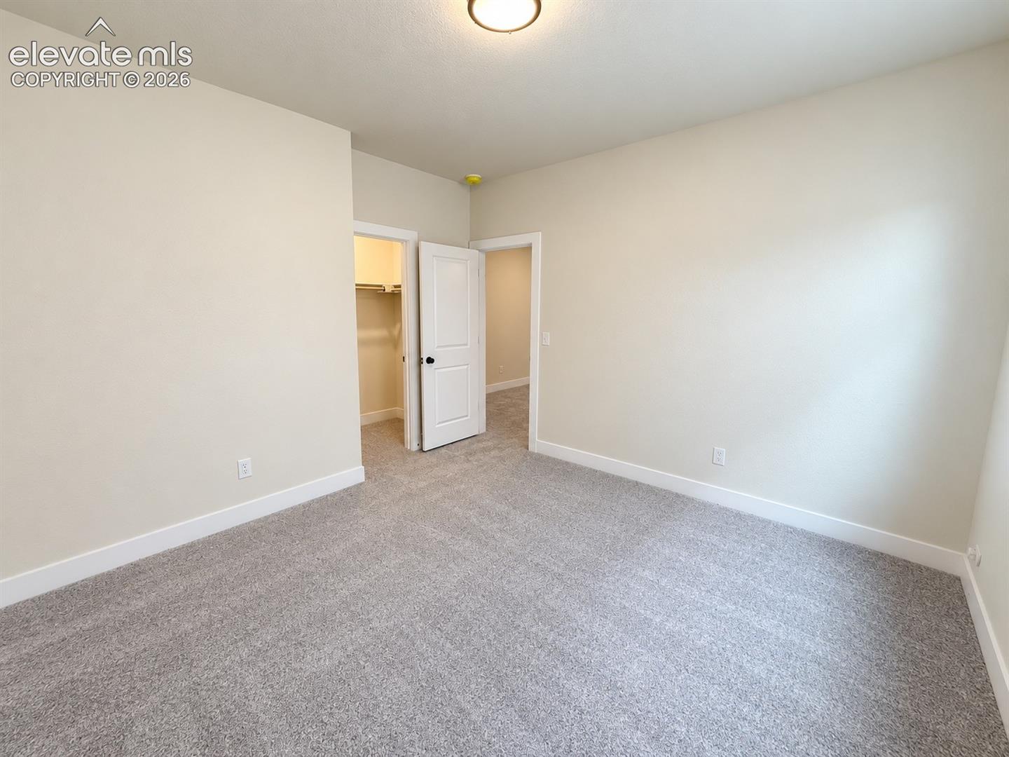 Neutral-toned walls, wall-to-wall carpeting, flush-mount ceiling lighting, and a closet with built-in shelving