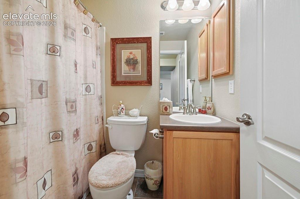 Basement full bath Vanity with integrated sink, wood-finish cabinetry, and overhead lighting