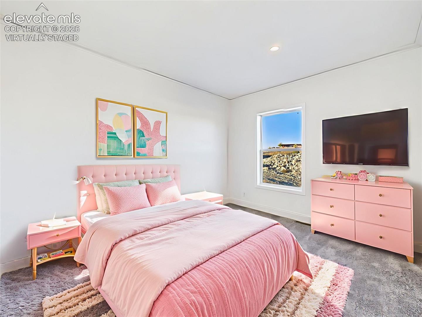 Virtually Staged Versatile secondary bedroom with neutral palette, virtually staged for use as a guest or home office.